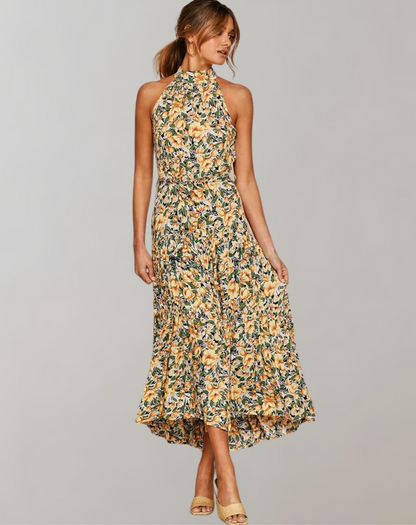 Vestido largo informal con cuello halter y estampado de lunares para mujer | Ideal para primavera/verano