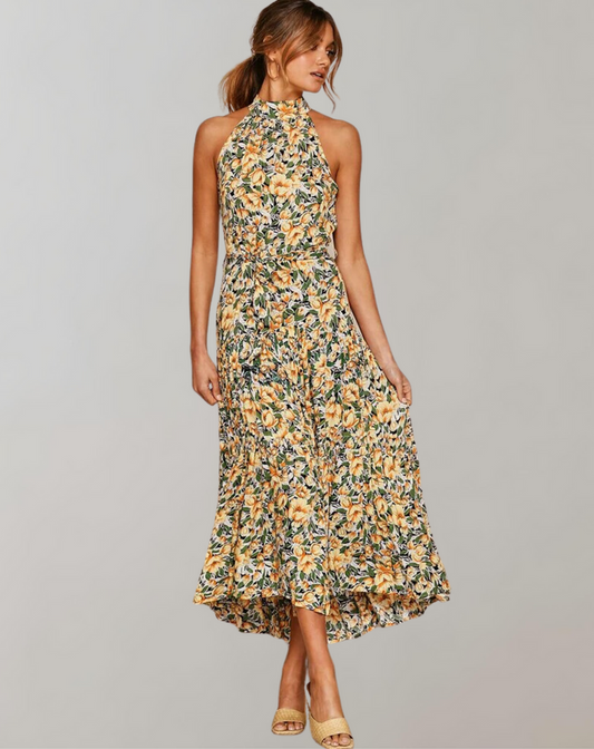 Vestido largo informal con cuello halter y estampado de lunares para mujer | Ideal para primavera/verano