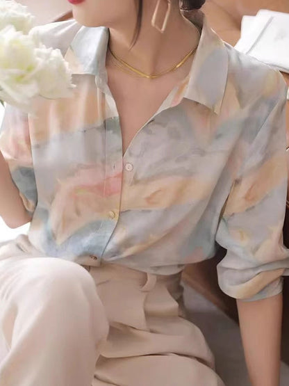 Maria Elegant Lapel Printed Satin Shirt