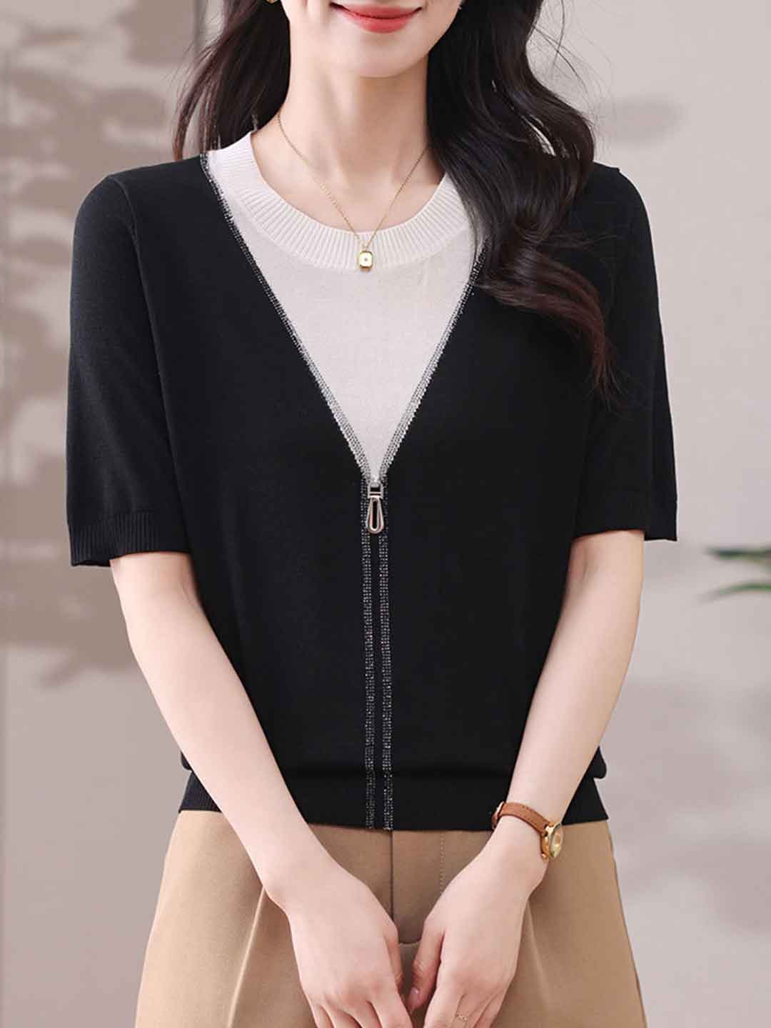 Molly Casual Crew Neck Colorblock Knitted Top