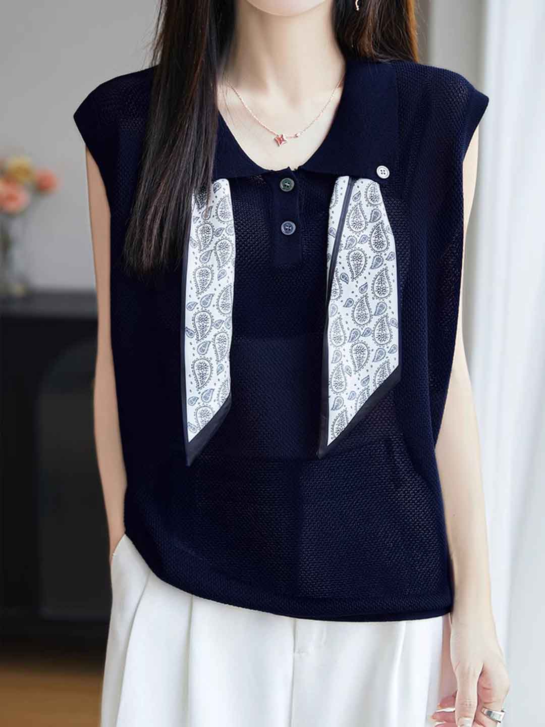 Katelyn Classic Lapel Scarf Sleeveless Knitted Top