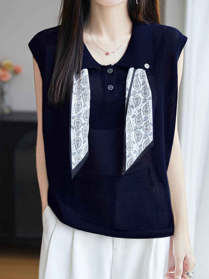 Katelyn Classic Lapel Scarf Sleeveless Knitted Top