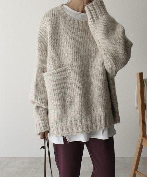 Jersey de punto extragrande con cuello redondo y bolsillo para mujer | Ideal para otoño/invierno