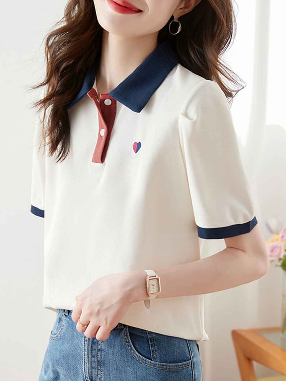 Morgan Casual Polo Collar Solid Color Top