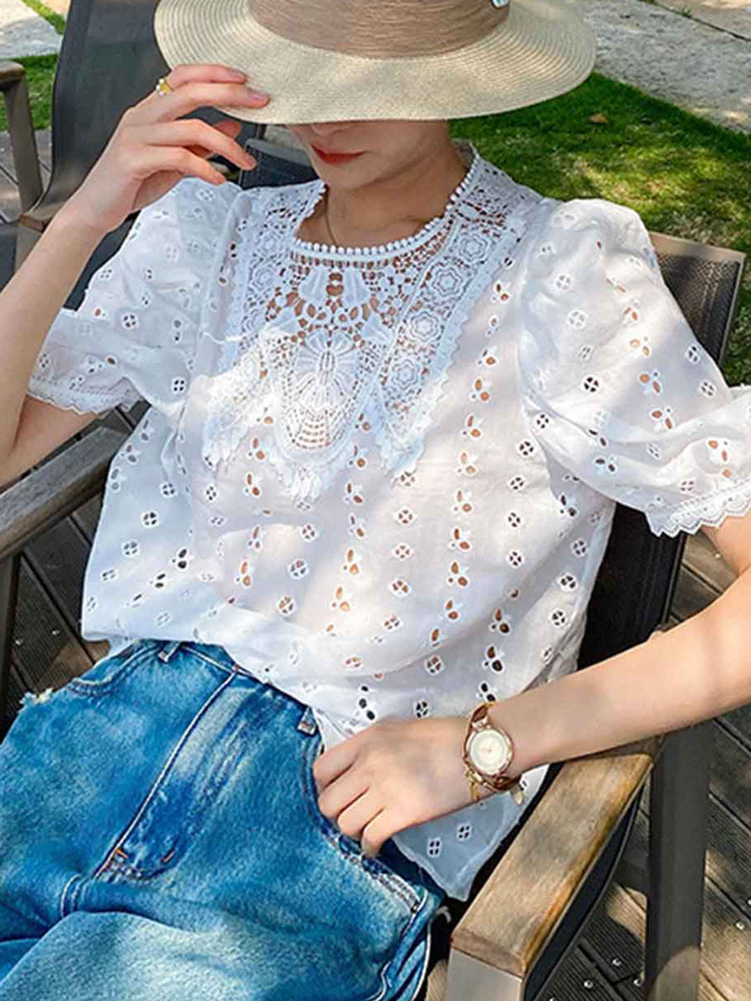 Layla Vacation Crew Neck Lace Embroidered Top