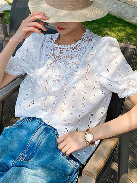 Layla Vacation Crew Neck Lace Embroidered Top