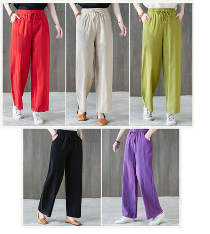 Cotton Linen Elastic Waist Colors Wide Leg Pants