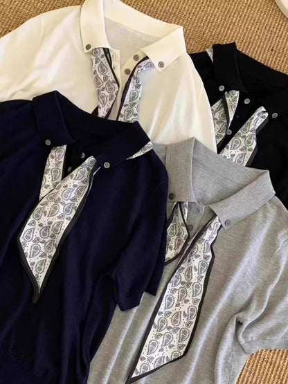 Maria Elegant Polo Collar Knitted Top-Navy Blue