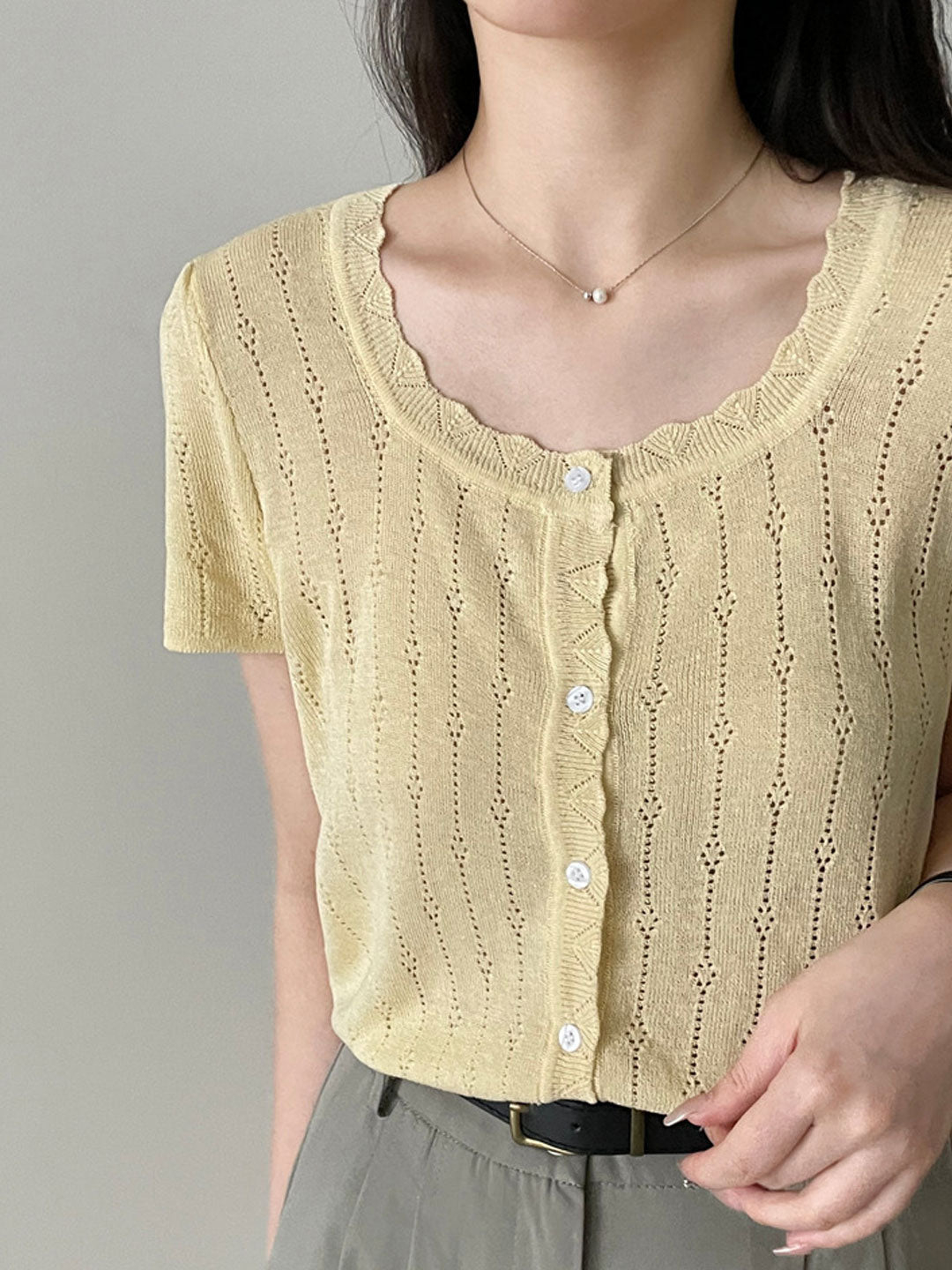 Madison Vacation Crew Neck Hollowed Jacquard Knitted Top