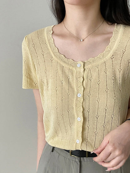 Madison Vacation Crew Neck Hollowed Jacquard Knitted Top