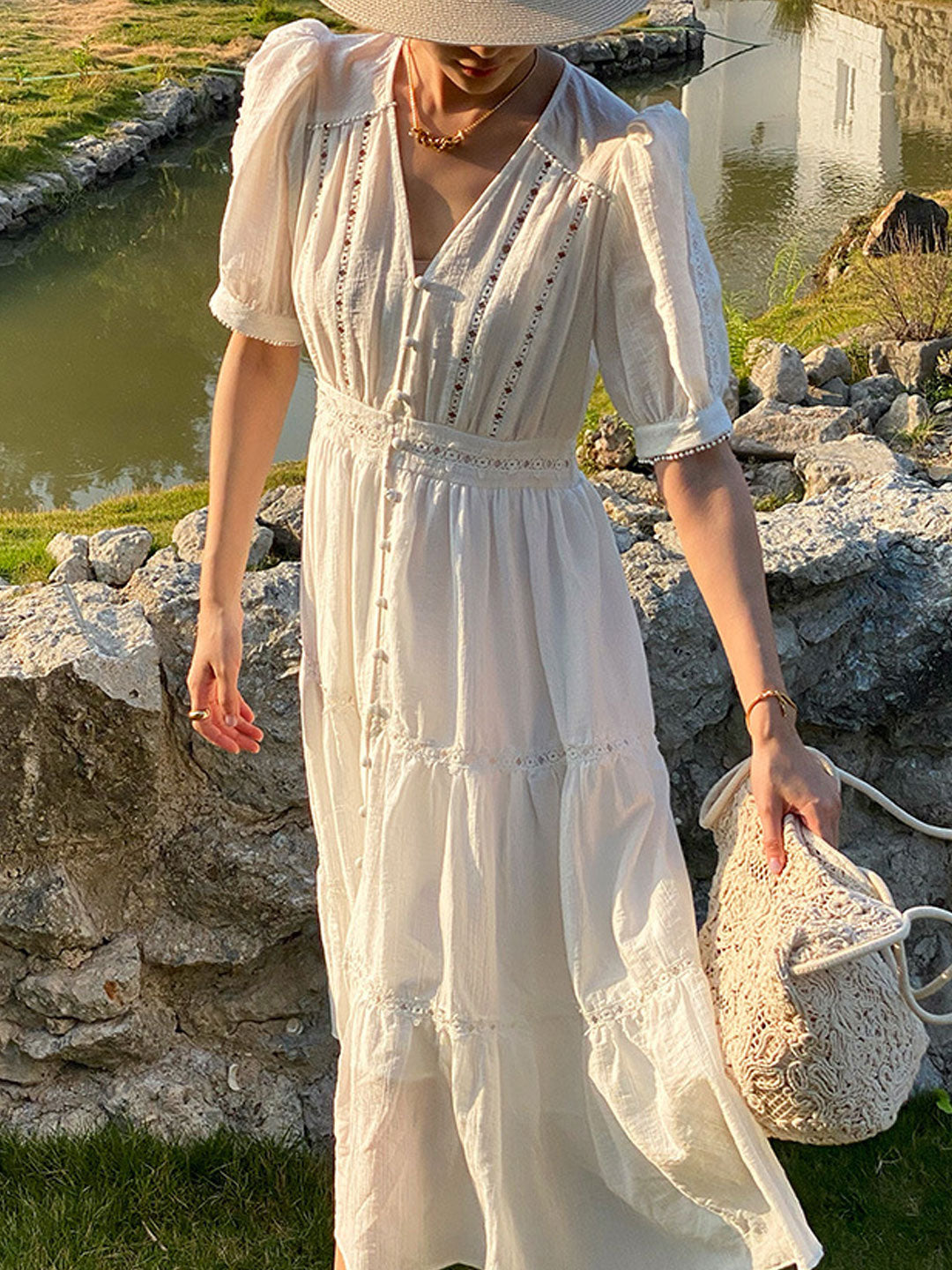 Zoey Elegant V-neck Puff Sleeve Hollowed Dress