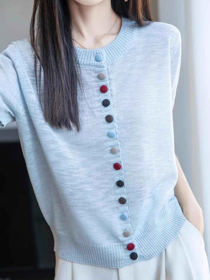 Mariah Loose Crew Neck Colorful Buttons Knitted Top