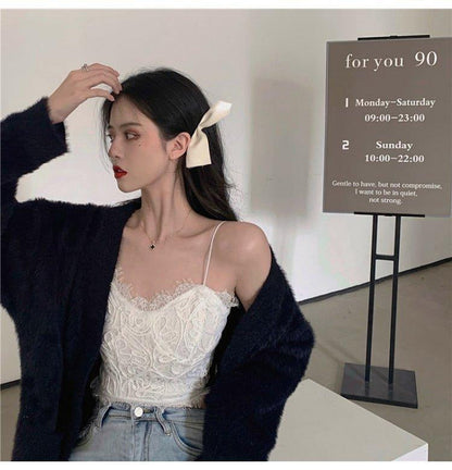 Sexy Solid Elegant Lace Spaghetti Strap Crop Tops