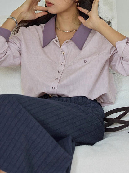 Layla Retro Lapel Contrasted Color Shirt