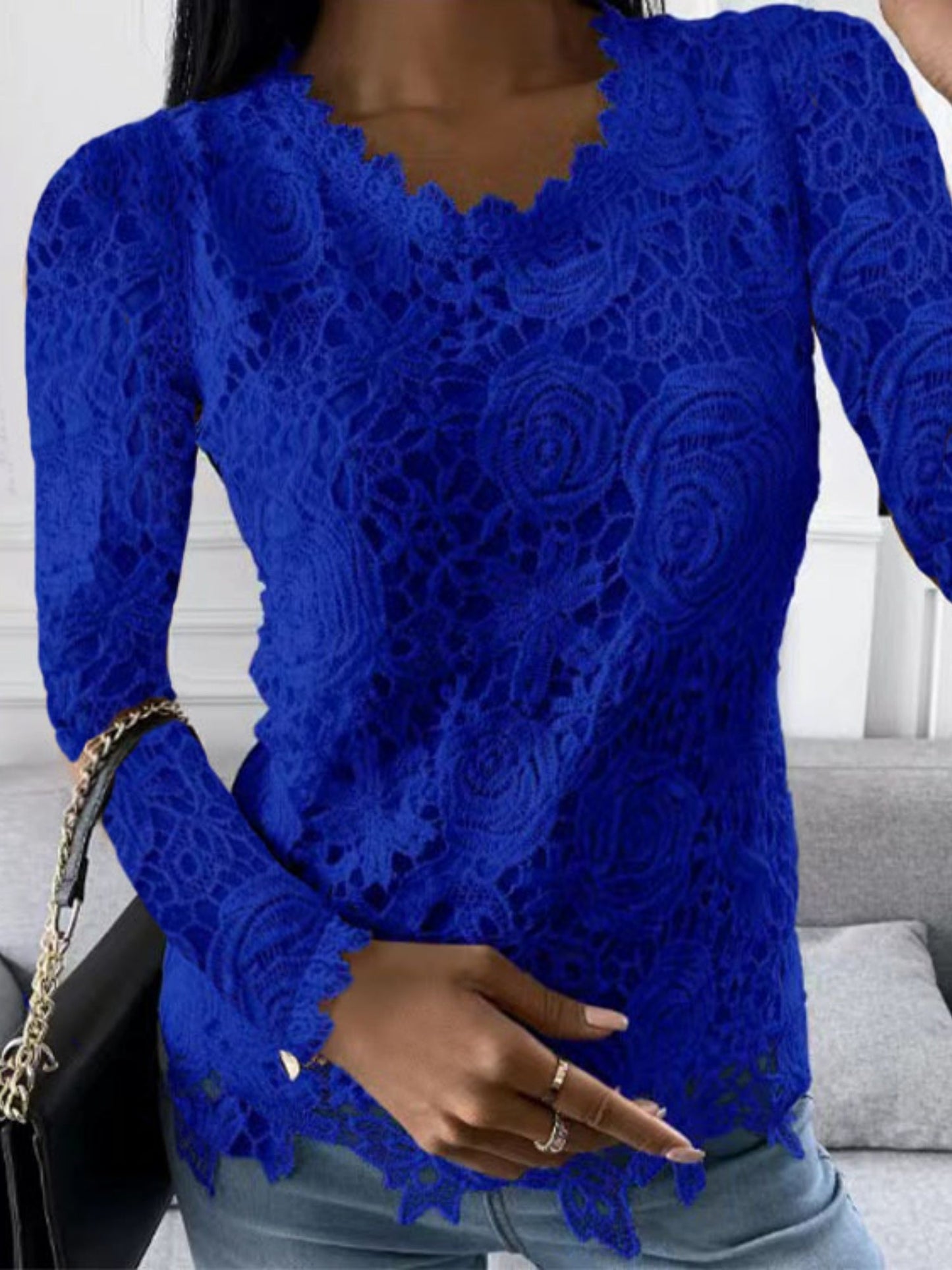 Lace Trim Crew Neck Long-sleeved T-shirt