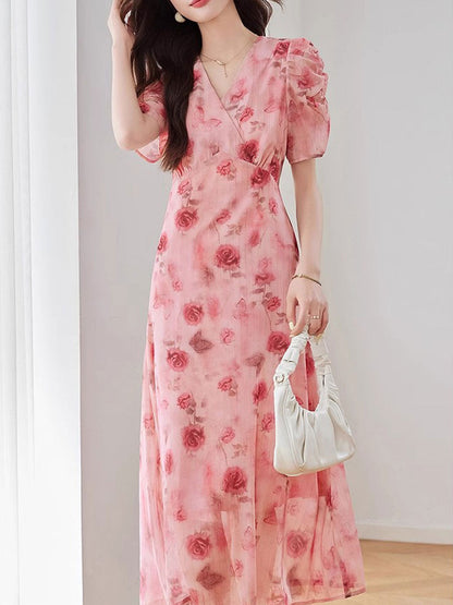Kaitlyn Elegant V-Neck Printed Tie Dress