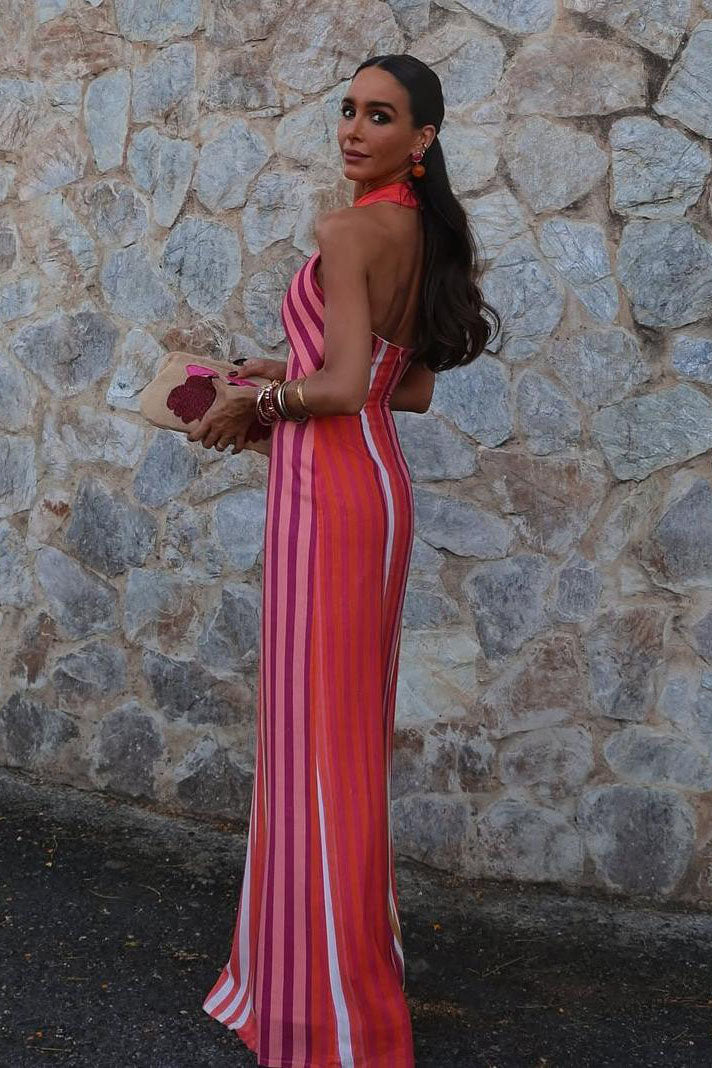 Vestido de rayas con cuello halter cruzado Sunset Samba