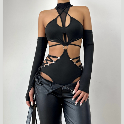 High neck o ring hollow out lace up gloves bodysuit  | Festival Outfits Women