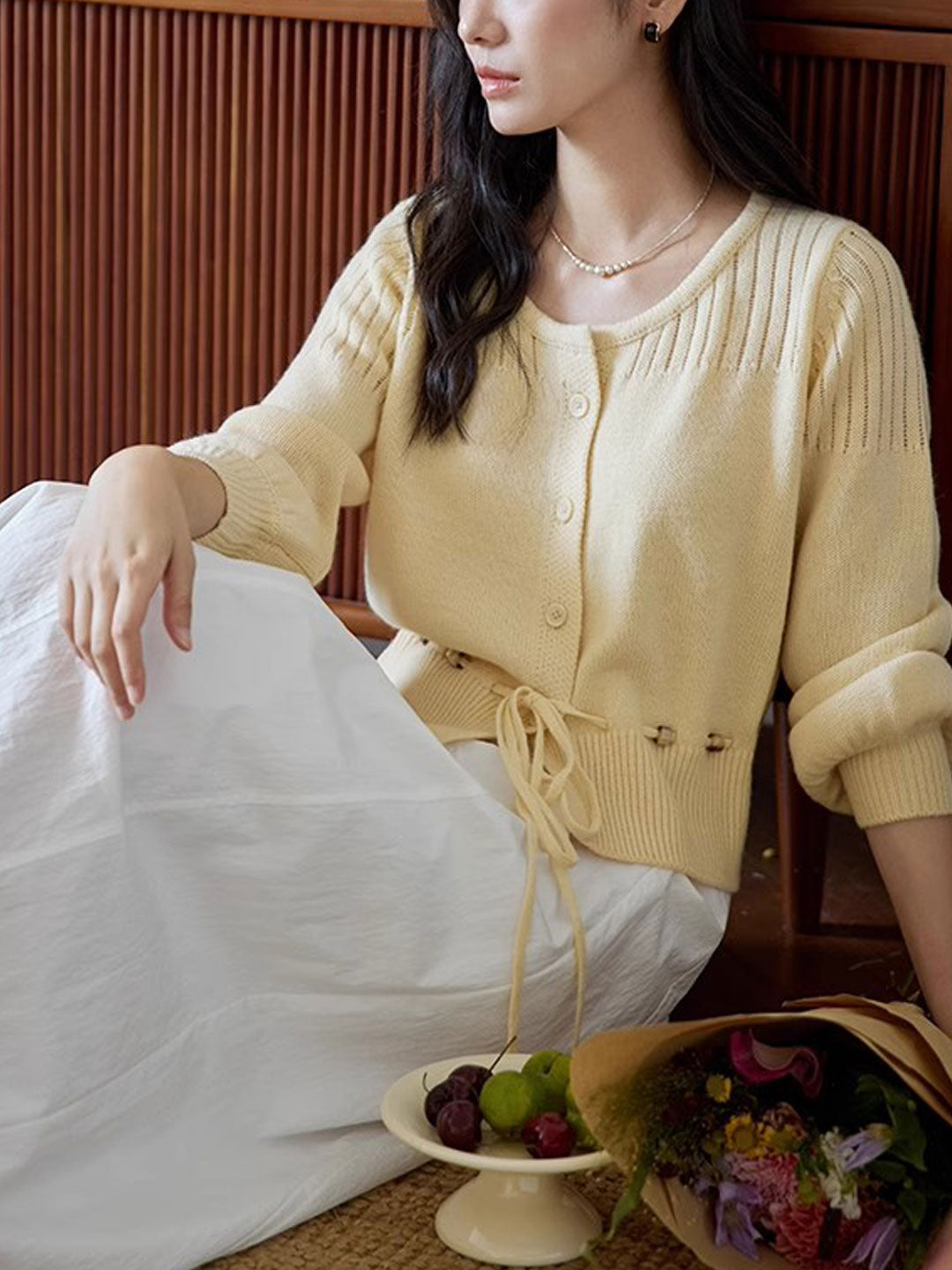 Peyton Retro Crew Neck Beaded Drawstring Knitted Cardigan