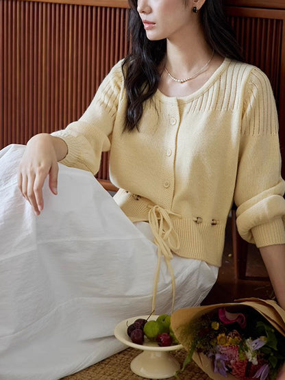 Peyton Retro Crew Neck Beaded Drawstring Knitted Cardigan