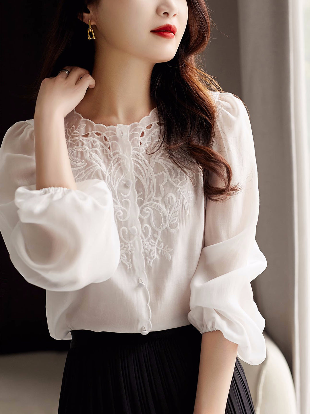 Jocelyn Elegant Embroidered Lantern Sleeve Shirt-White