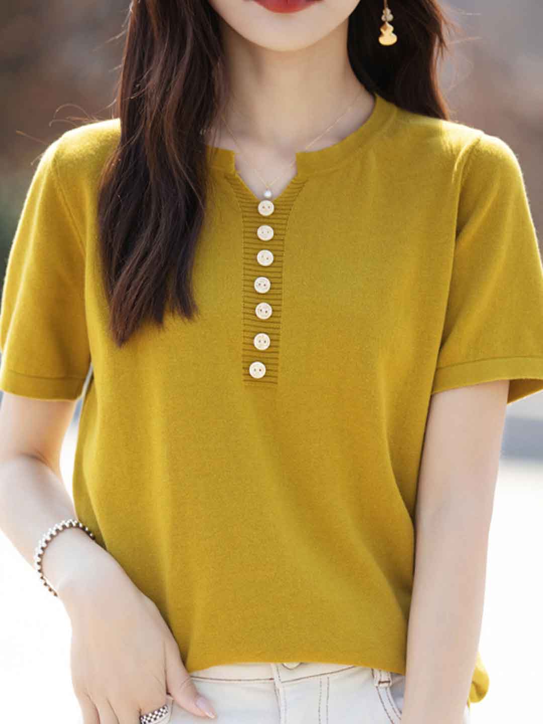 Julia Crew Neck Solid Color Knitted Top-Yellow