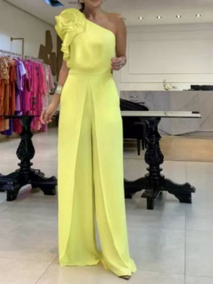 3D Flowers Chiffon Sloping Shoulders Jumpsuits