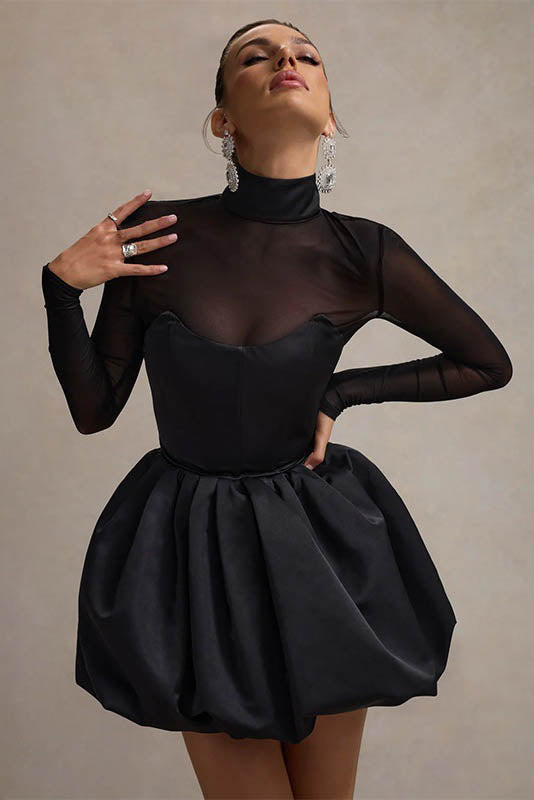 Vestido minivestido elegante de invierno de malla transparente, ajustado y abullonado