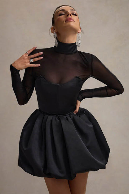 Vestido minivestido elegante de invierno de malla transparente, ajustado y abullonado