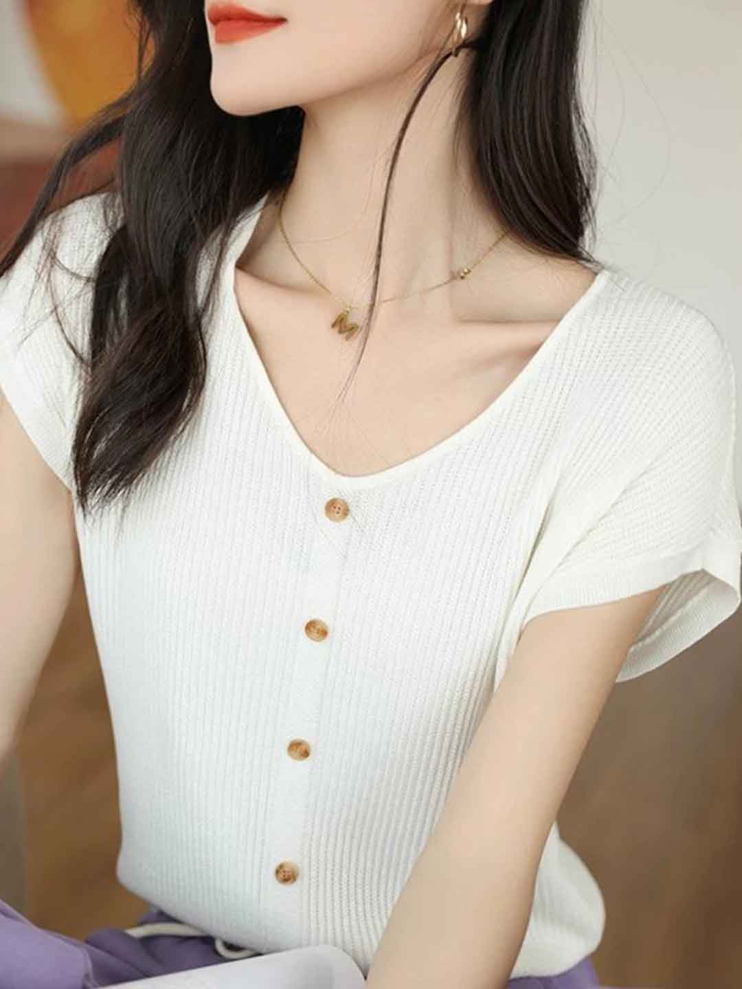 Kaylee Loose V-Neck Buttons Knitted Top