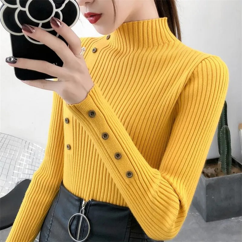 Jersey de cuello alto ajustado de punto elástico para mujer con botones | Ideal para otoño/invierno