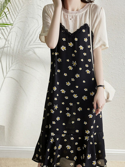 Maria Chic Crew Neck Ruffled Floral Chiffon Dress