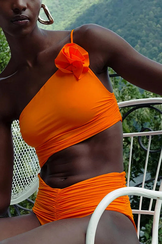 3D Floral Glossy Solid Swimsuit Set