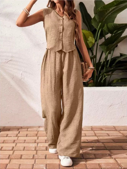 Pleated Solid Color Sleeveless Button Vest Wide-leg Pants 2-piece Sets