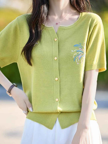 Kylie Loose Crew Neck Embroidered Knitted Cardigan