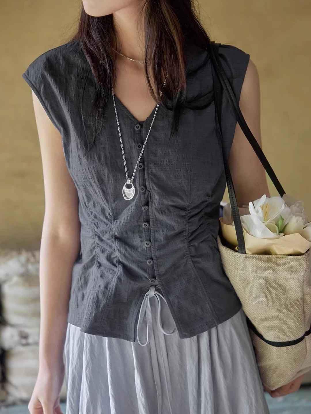 Sophie Slim V-Neck Solid Color Waisted Shirt