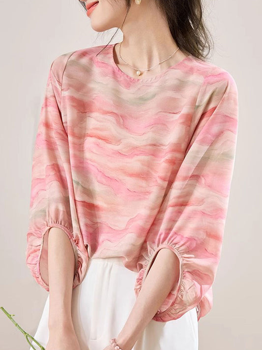 Rachel Loose Crew Neck Lantern Sleeve Chiffon Top