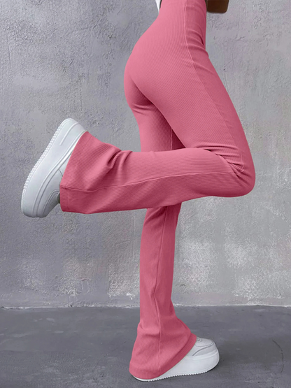 Women's Stretchy High Waisted Ribbed Flared Pants | Great for All Seasons