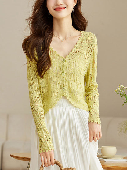 Emma Elegant V-Neck Hollowed Ice Silk Knitted Cardigan-White