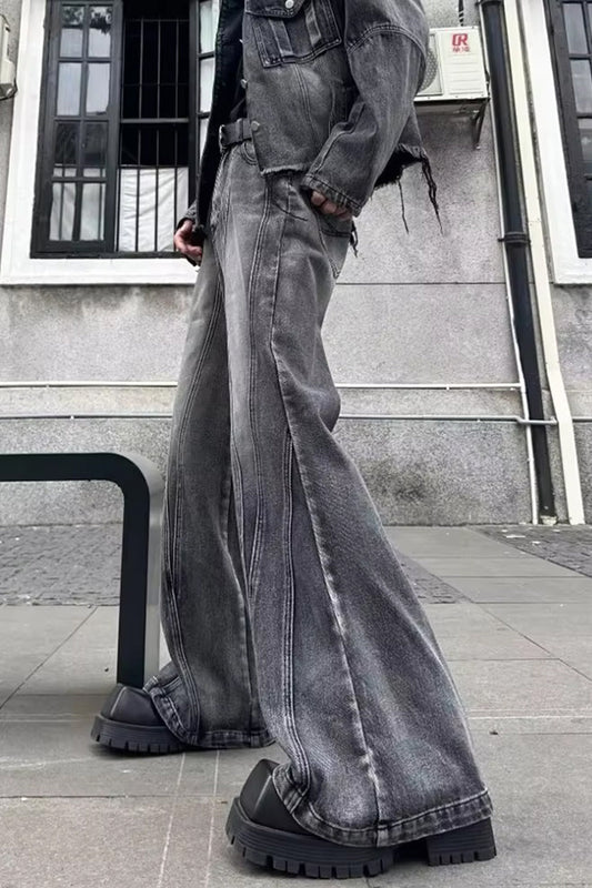 Retro Flare Style Washed Grey Jeans Pants