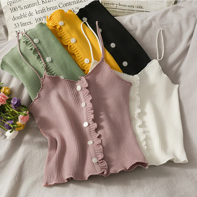Sexy Solid Ruffle Knitted Slim Tank Top