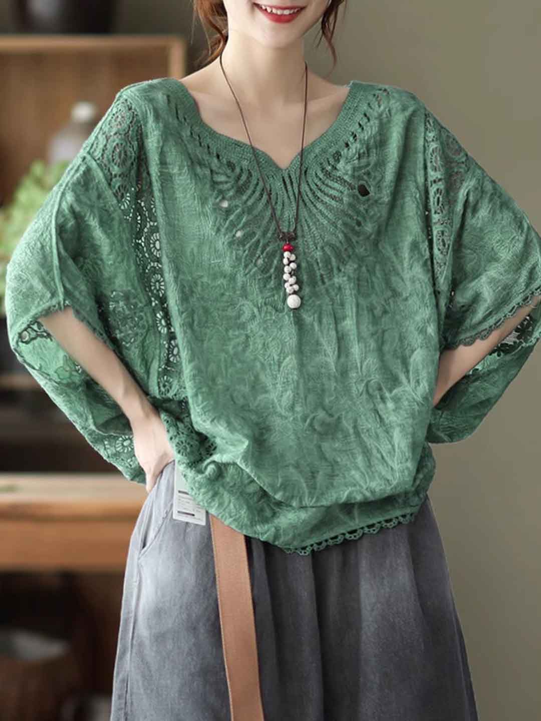 Maya Loose V-Neck Hollowed Crochet Top