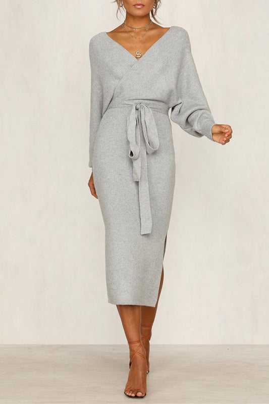 V Neck Backless Sweater Midi Dress(5 Colors)
