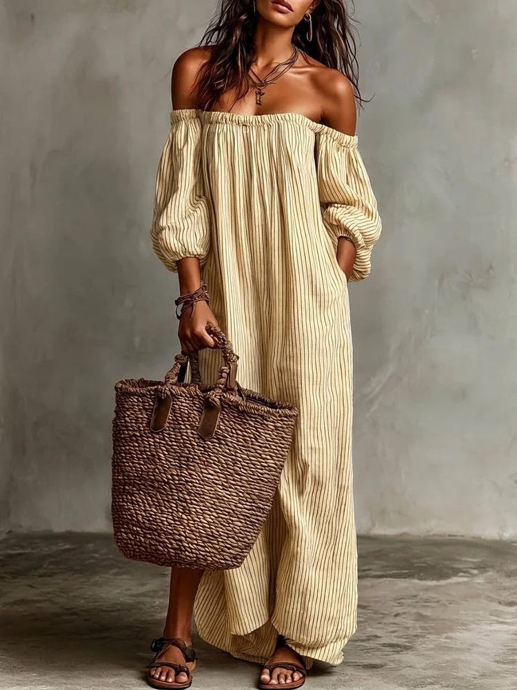 Striped Off-the-shoulder Linen Resort-style Long-sleeved Dress