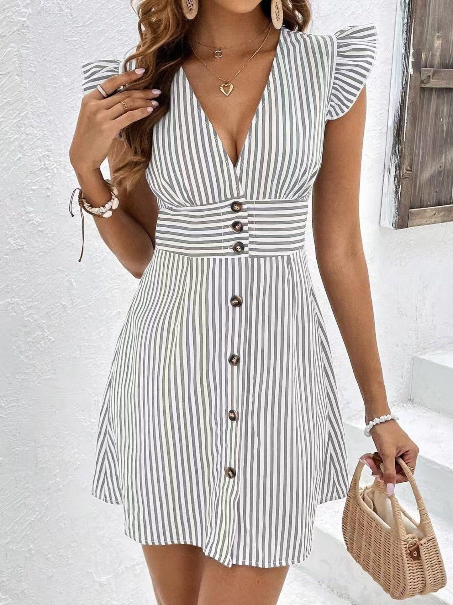 Striped Color Blocking Buttons V-neck Flutter Sleeves Mini&Short Dresses