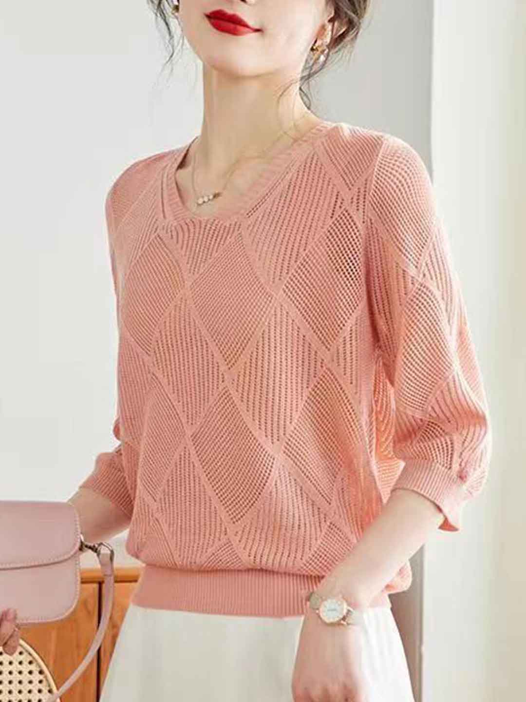 Sarah Loose V-Neck Hollowed Knitted Top