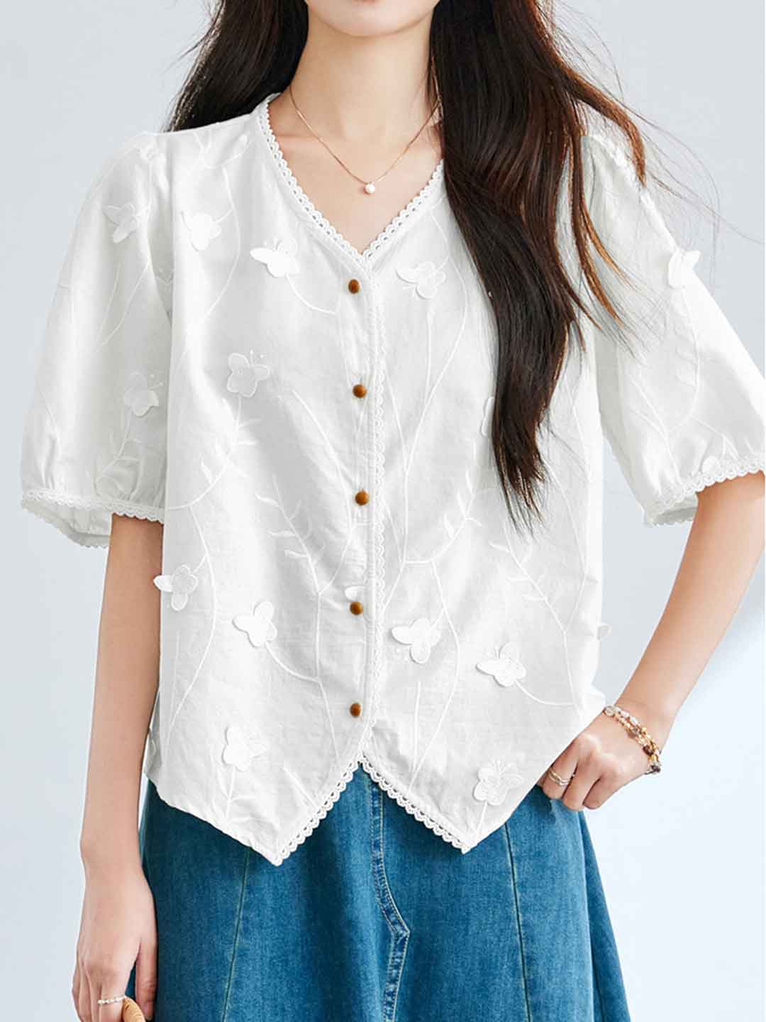 Jessica Retro V-Neck Puff Sleeve Lace Embroidered Top