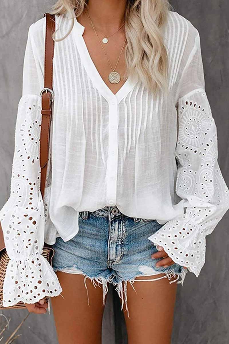 V-Neck Single Breasted Loose Flared Long Sleeves Tops