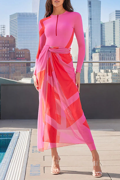 Conjunto de traje de baño de surf de manga larga con bloques de color