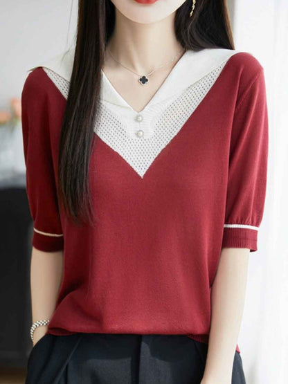 Molly Classic V-neck Contrast Color Knitted Top
